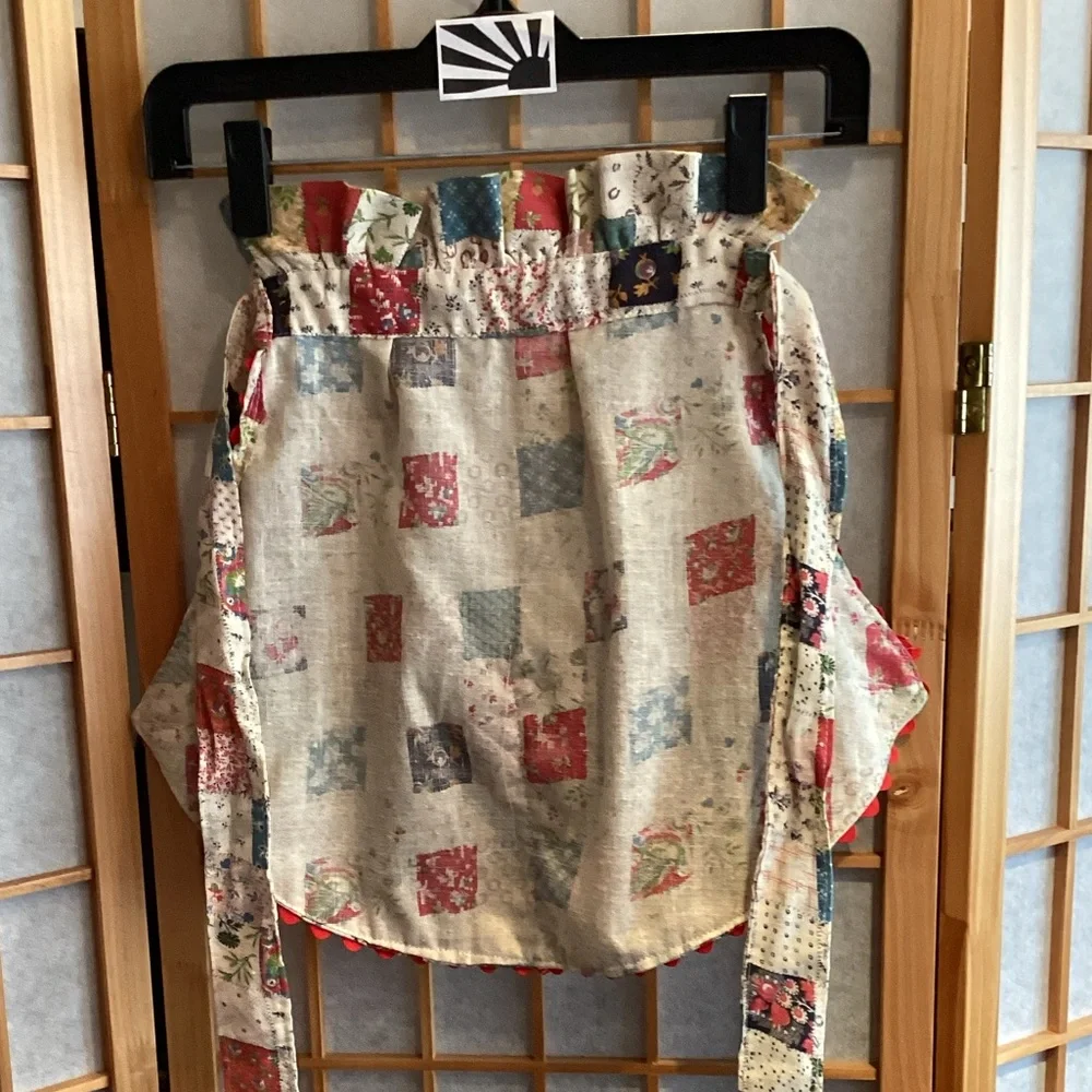 Vintage Handmade Patchwork Half Apron with Red Trim